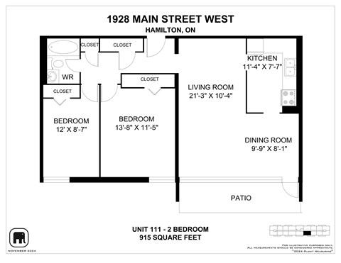 Floor plan for 2 beds, 1 bath, 842 sqft